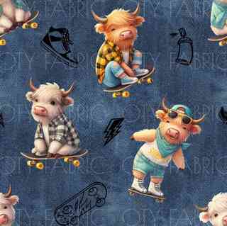 Skater highland cow on blue denim - exclusive