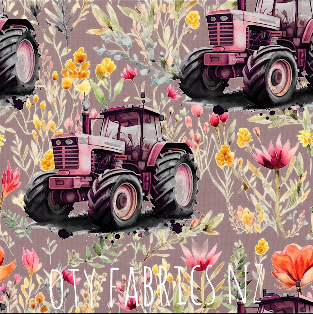 Pink tractors on mauve