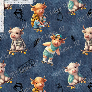 Skater highland cow on blue denim - OTY EXCLUSIVE