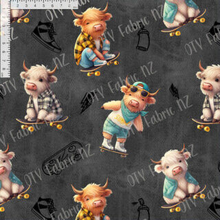 Skater highland cow on black denim - OTY EXCLUSIVE